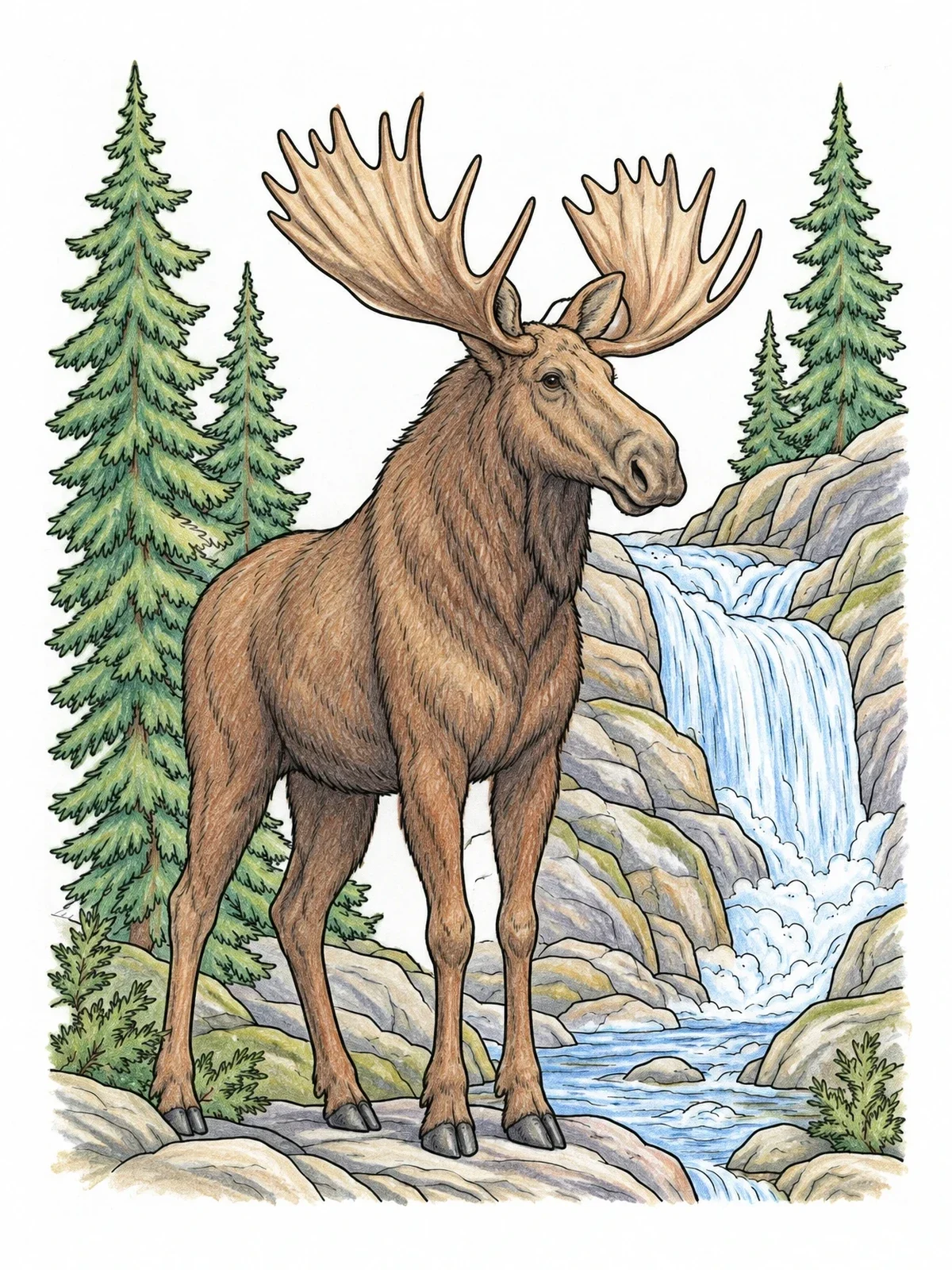 Colored example of the Bull Moose By Mountain Waterfall coloring page