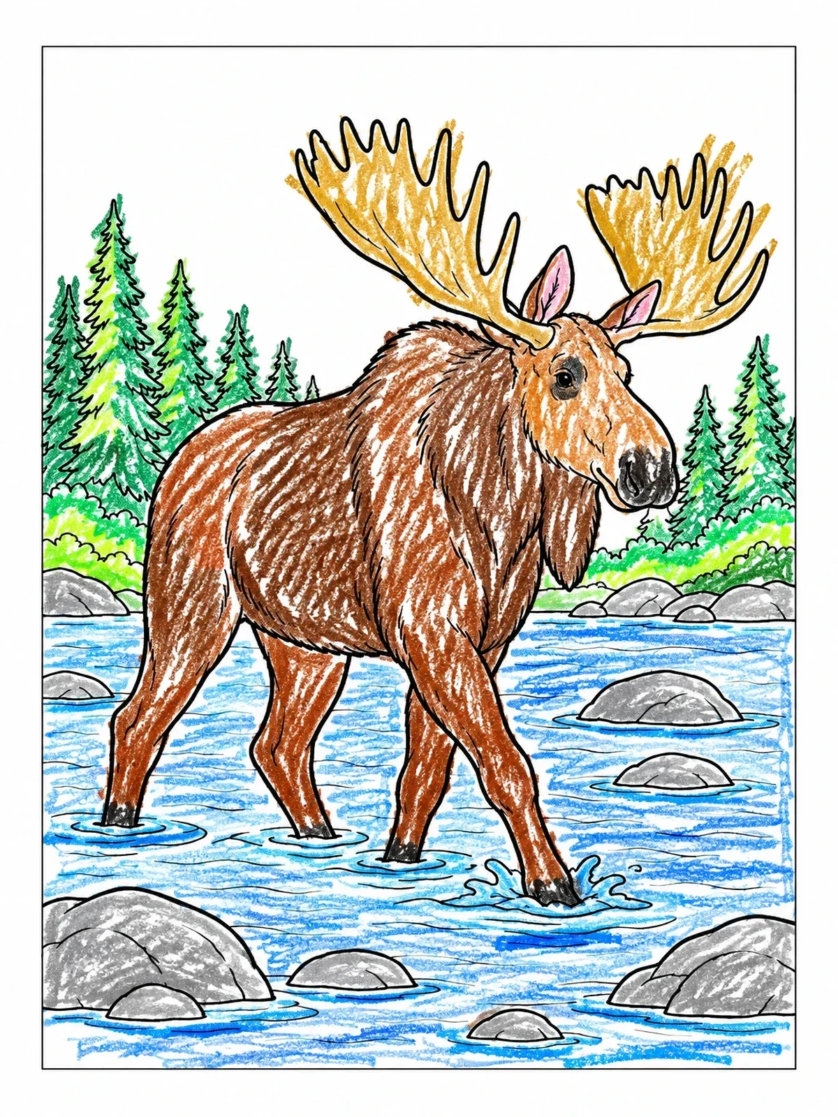 Colored example of the Bull Moose Wading Across A River coloring page