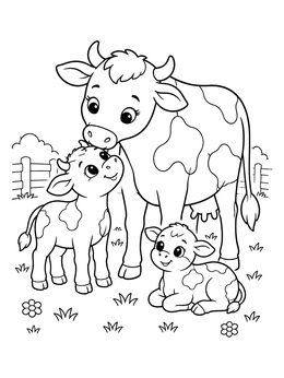 Free printable Mother Cow With Cute Calves coloring page