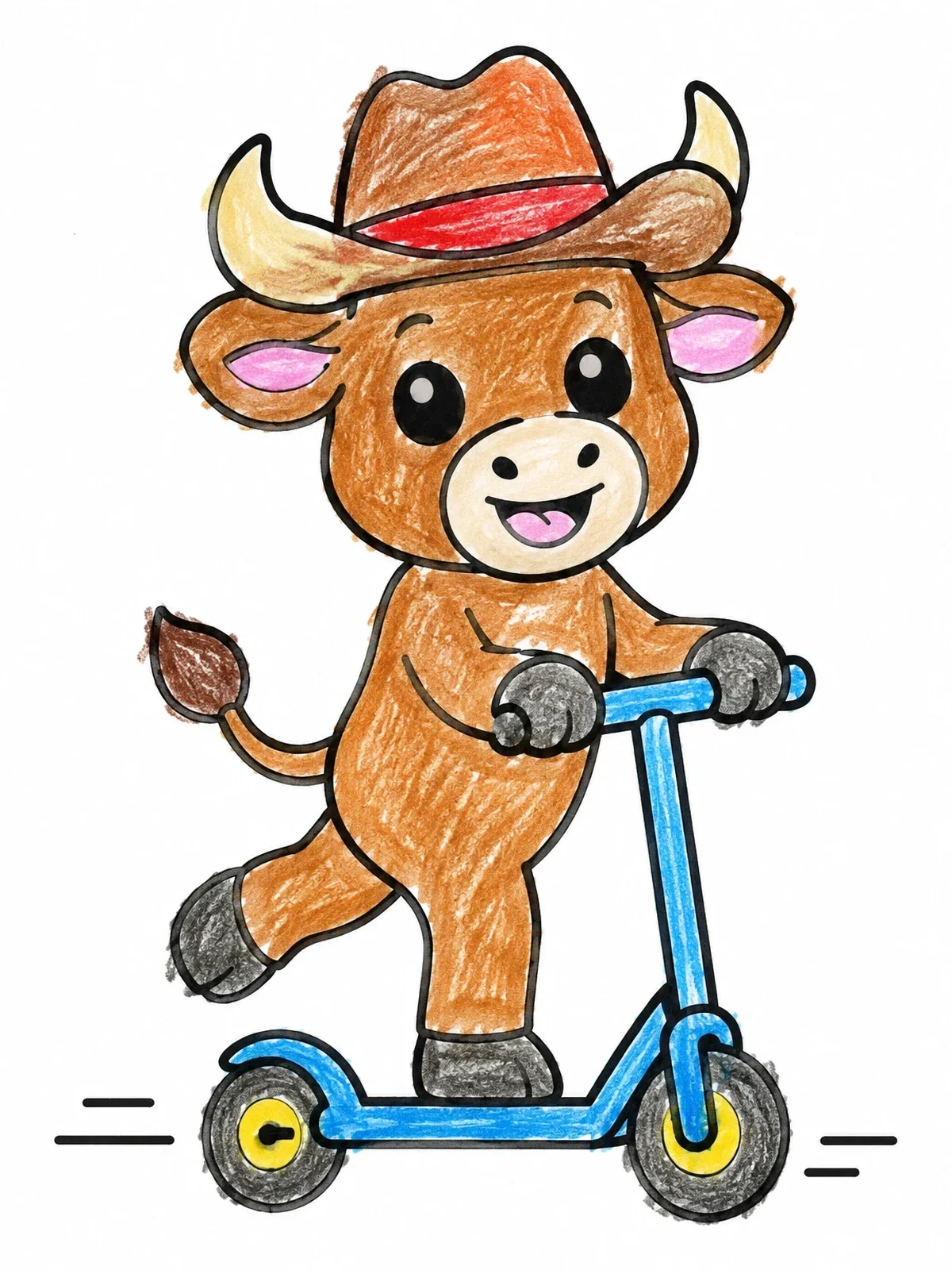 Colored example of the Happy Bull Riding A Scooter coloring page