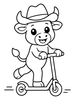 A cute cartoon bull coloring page showing a calf in a hat riding a kick scooter.