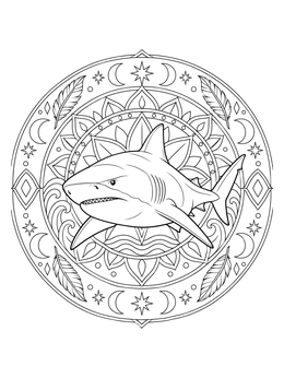A fierce predator swims within this bull shark coloring page surrounded by moons, stars, and feathers.
