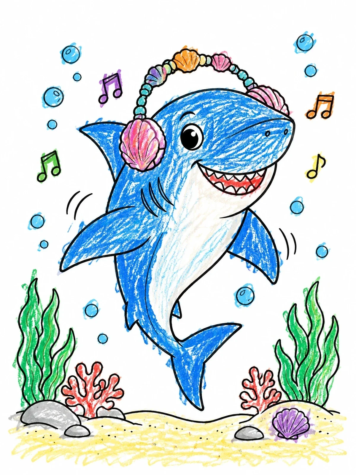 Colored example of the Cheerful Shark With Seashell Headphones coloring page