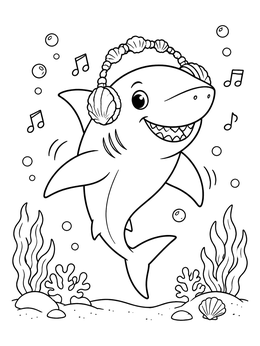 Free printable Cheerful Shark With Seashell Headphones coloring page