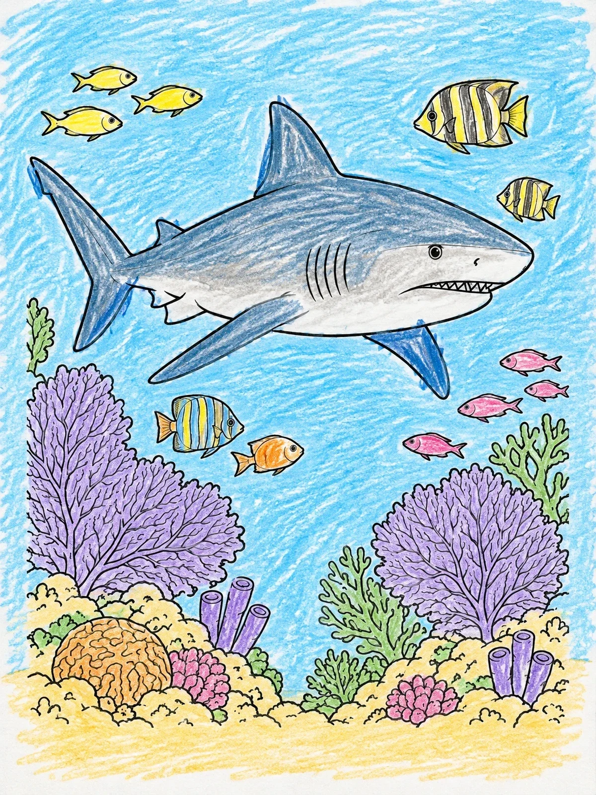 Colored example of the Bull Shark Swimming Above Coral Reef coloring page