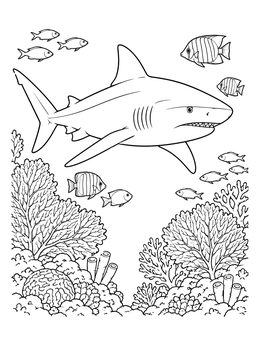 A detailed bull shark coloring page showing the shark swimming over vibrant coral reefs and small tropical fish.