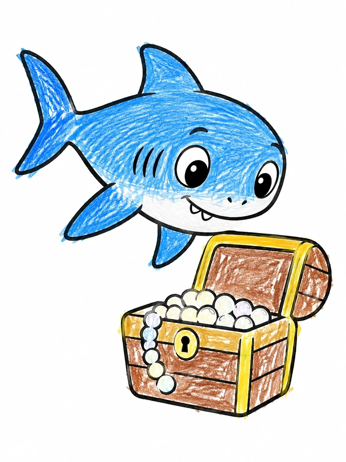 Colored example of the Cute Shark Pup With Treasure Chest coloring page