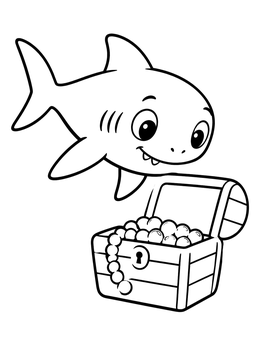 Free printable Cute Shark Pup With Treasure Chest coloring page