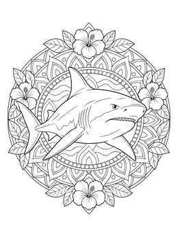 Detailed bull shark coloring page surrounded by a circular floral mandala pattern.