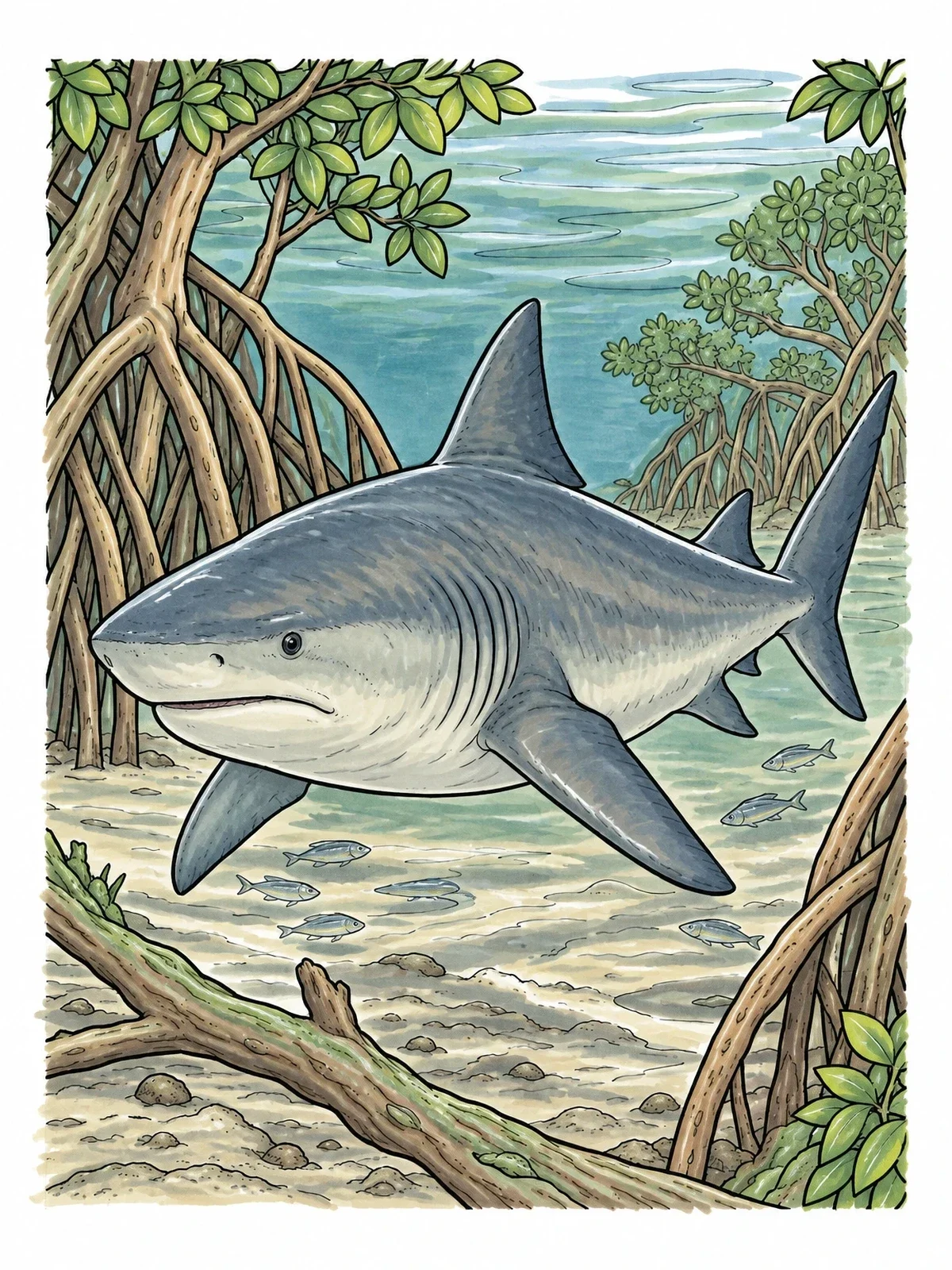 Colored example of the Bull Shark In Mangrove Estuary coloring page