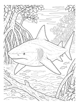 A realistic bull shark coloring page swimming through mangrove roots and riverbed.