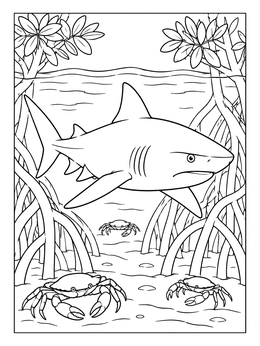 A bull shark coloring page showing the predator swimming among mangrove roots and crabs.