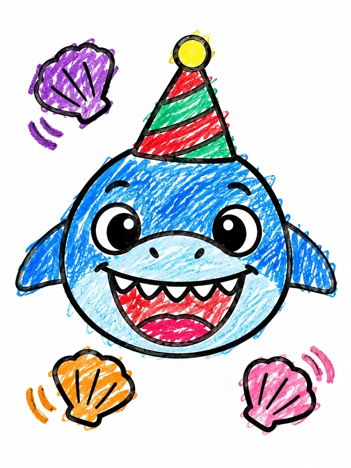 Colored example of the Party Shark With Floating Seashells coloring page