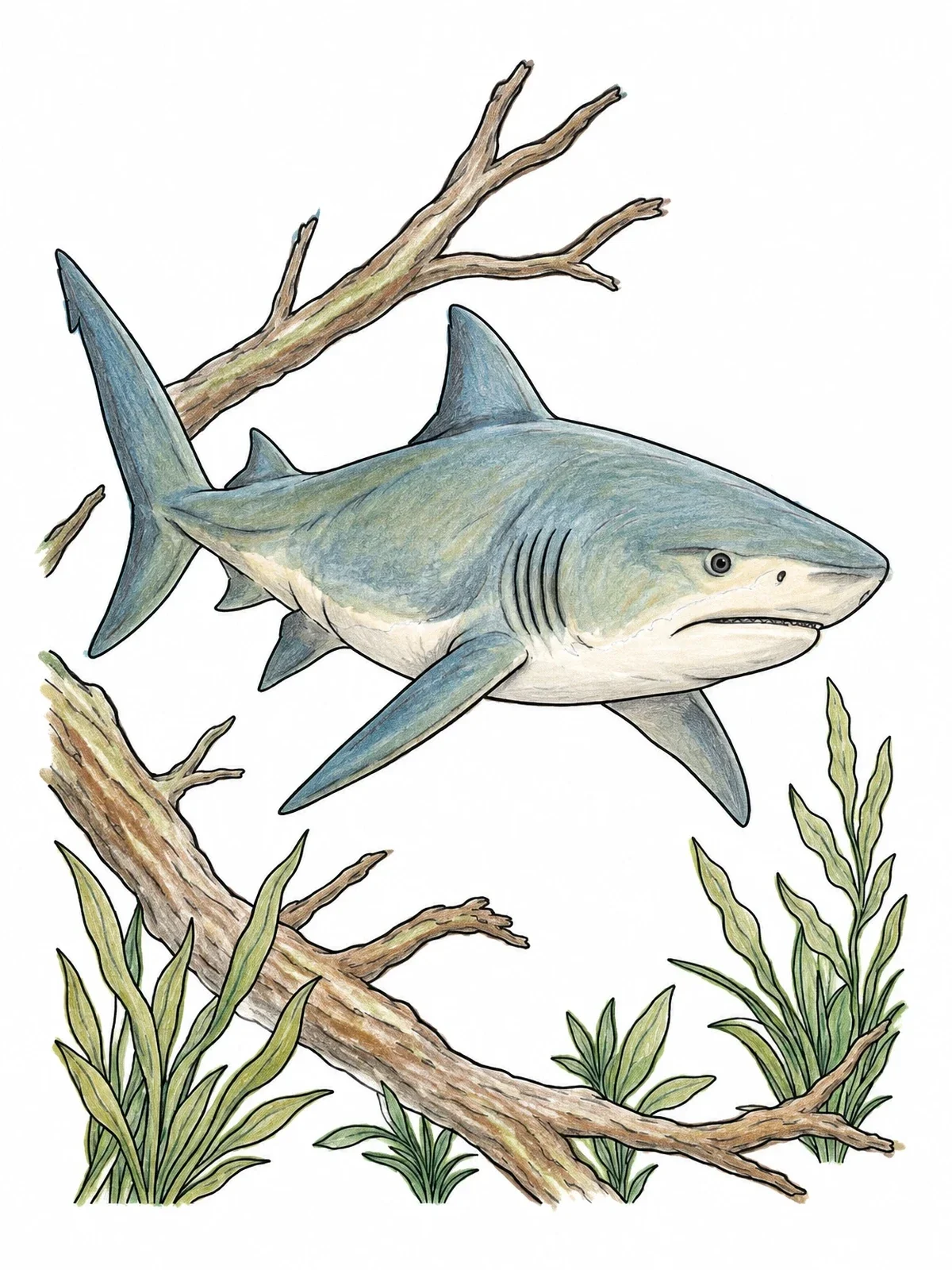 Colored example of the Bull Shark Swimming By Submerged Driftwood coloring page