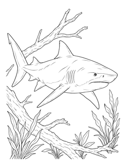 A detailed bull shark coloring page featuring a shark swimming among underwater branches and aquatic reeds.