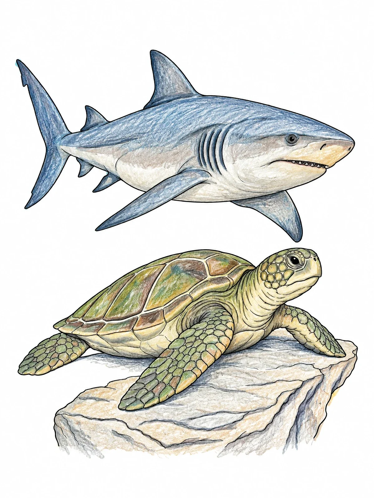 Colored example of the Bull Shark And Sea Turtle coloring page
