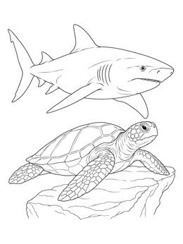 A realistic bull shark coloring page featuring a shark swimming above a resting sea turtle on a rock.