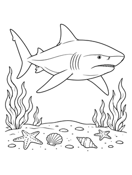 A detailed bull shark coloring page swimming over starfish and seashells on the seabed.
