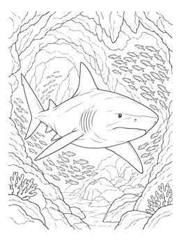 A detailed bull shark coloring page showing the predator swimming among schools of fish in a cavern.