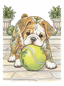 Bulldog Puppy With Tennis Ball Coloring Page