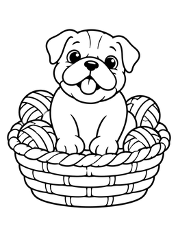 Free printable Bulldog Puppy In Yarn Basket coloring page