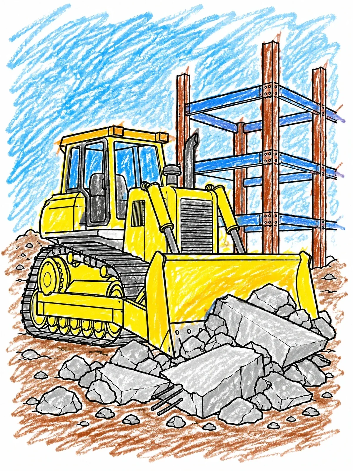 Colored example of the Bulldozer At Construction Site Clearing Rubble coloring page