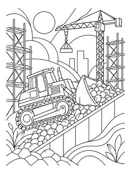 A detailed bulldozer coloring page showing heavy machinery pushing rocks near a tall crane.