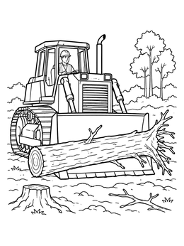 A detailed bulldozer coloring page showing a driver clearing a fallen tree in the woods.