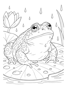 A plump frog rests in the rain on this lily pad coloring page.
