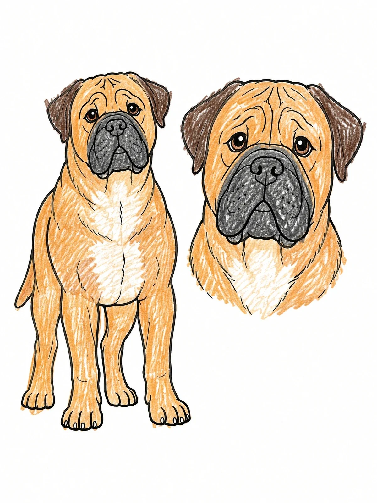Colored example of the Bullmastiff Dog And Head Portrait coloring page