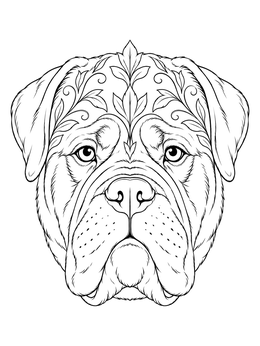 Detailed bullmastiff coloring page featuring symmetrical botanical flourishes across the forehead.