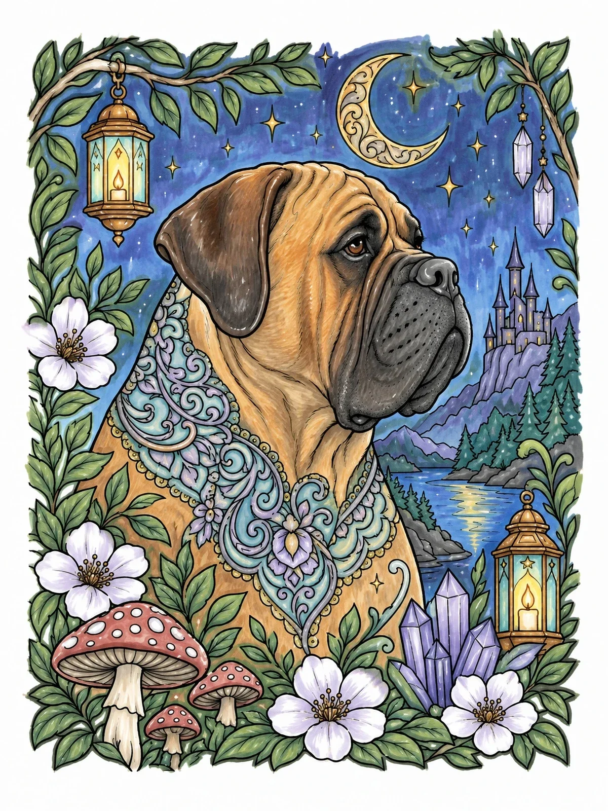Colored example of the Majestic Bullmastiff In Fantasy Landscape coloring page