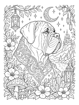 Intricate bullmastiff coloring page surrounded by lanterns, flowers, and a castle.