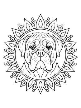 A detailed bullmastiff coloring page framed by a decorative sunburst mandala.
