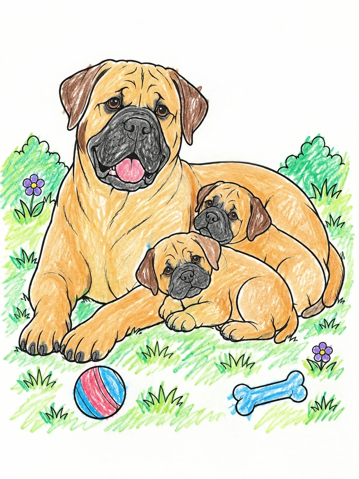 Colored example of the Bullmastiff Mother With Puppies coloring page