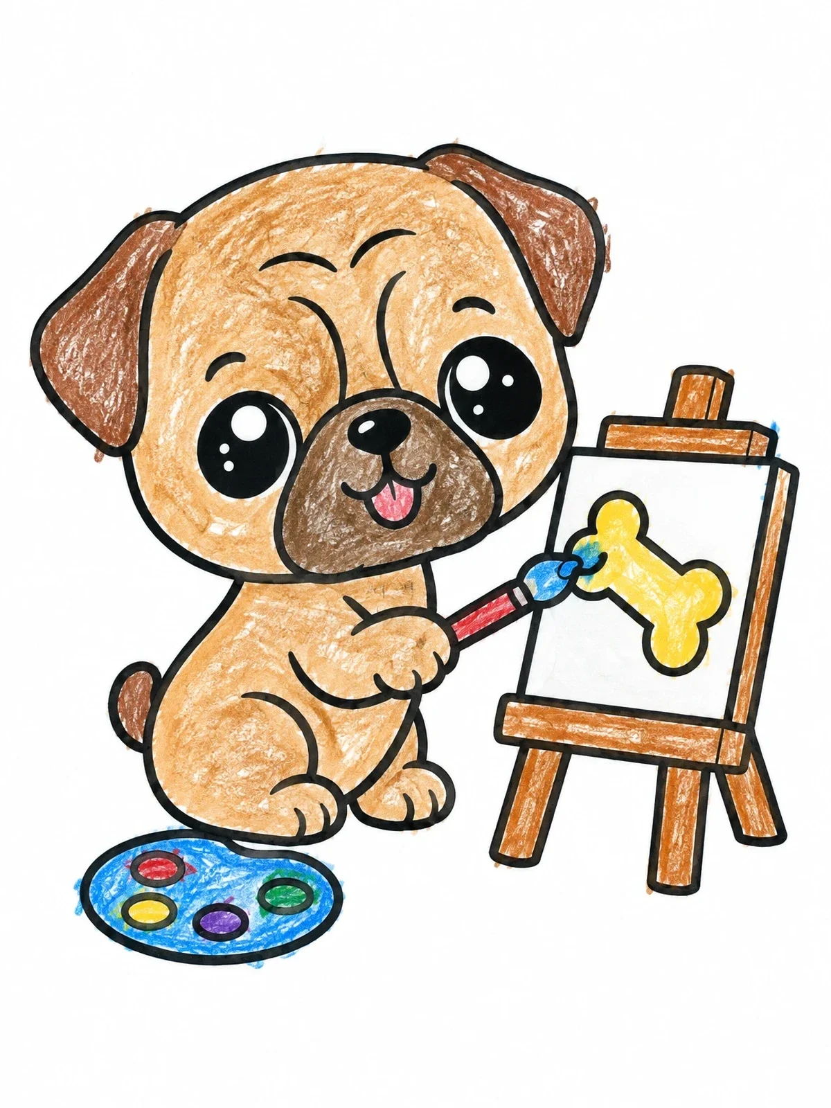 Colored example of the Cute Puppy Painting On Easel coloring page