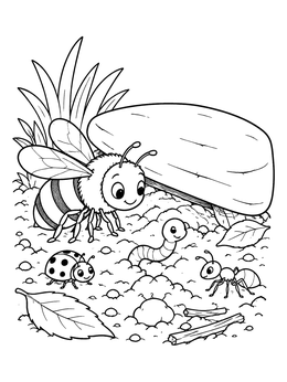 A cheerful bumblebee meets friendly insects under a stone in this bug coloring page.