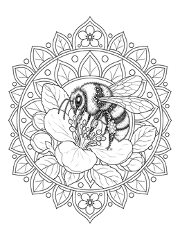 Detailed bee coloring page featuring a fluffy bumblebee on an apple blossom inside a mandala.