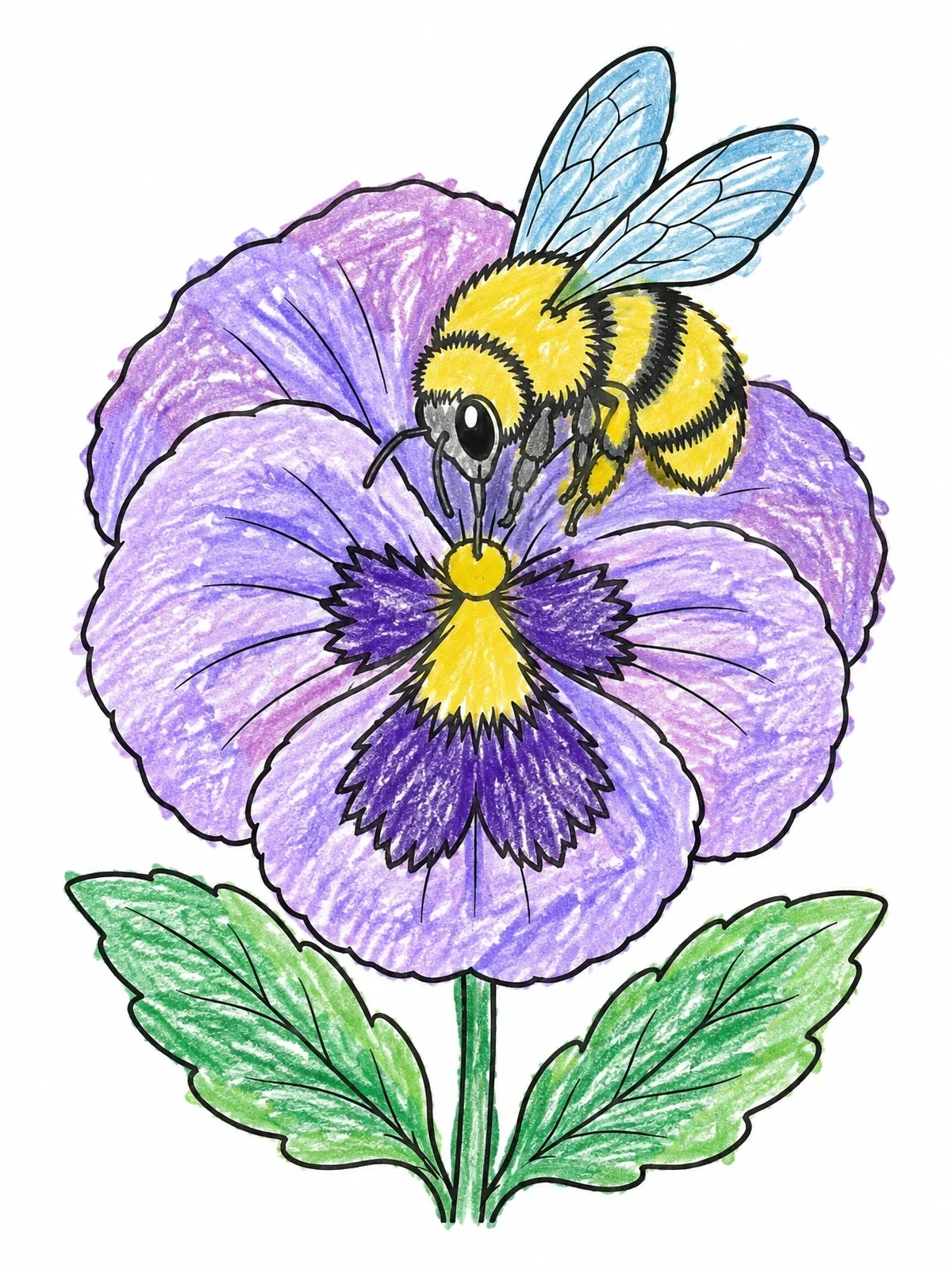 Colored example of the Bumblebee On A Blooming Pansy coloring page