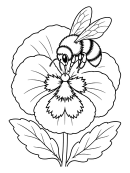 A fluffy bumblebee rests atop a flower in this pansy coloring page.