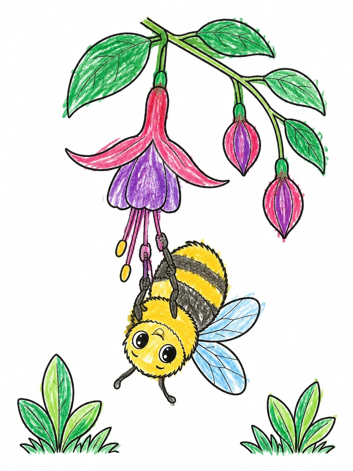 Colored example of the Bumblebee Hanging From Fuchsia Flower coloring page