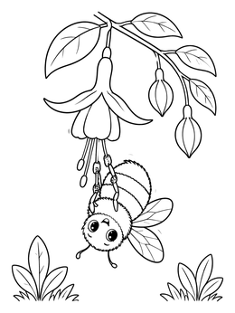 A cute bee coloring page showing a fluffy bumblebee dangling upside down from a fuchsia blossom.