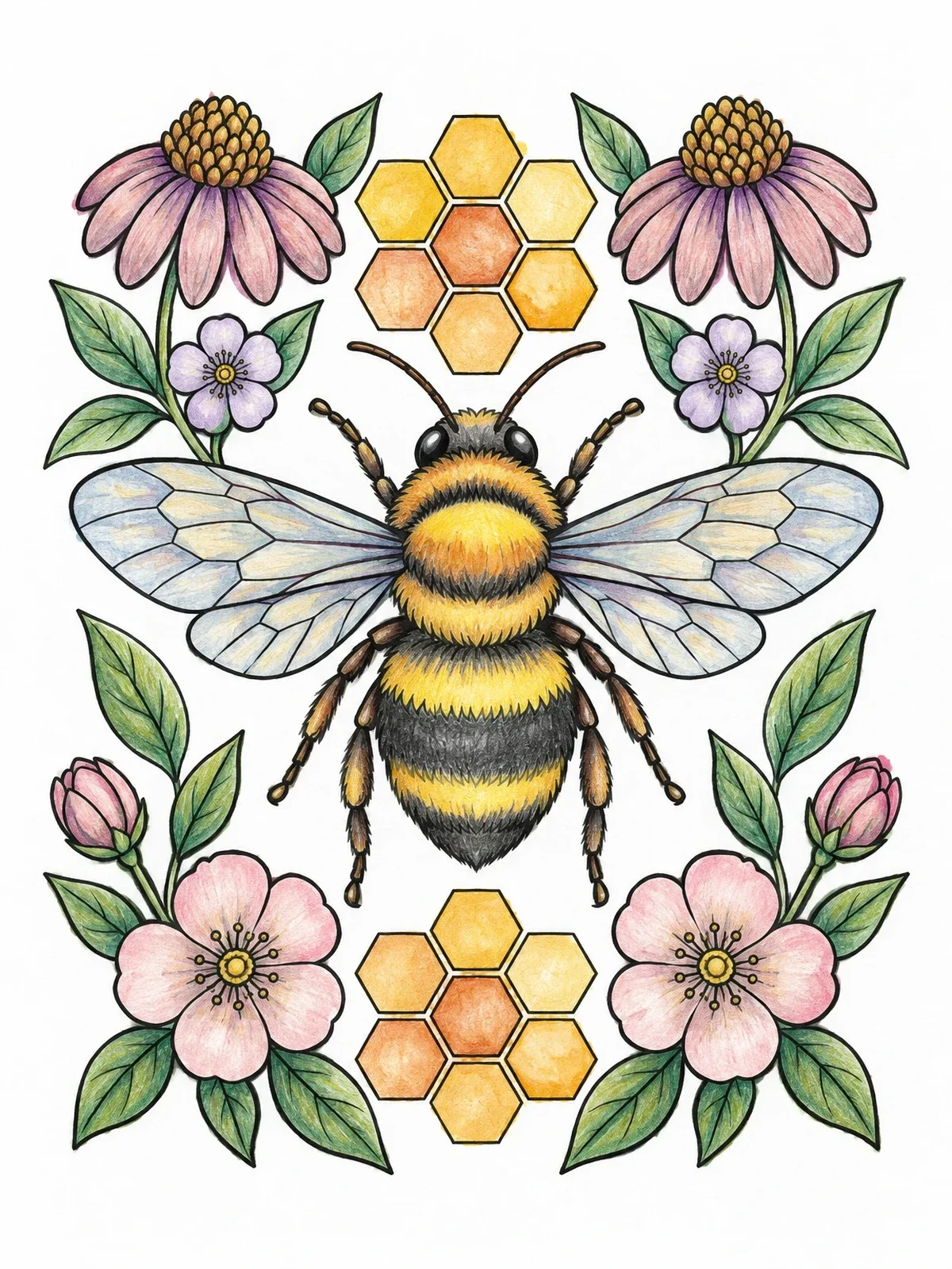 Colored example of the Bumblebee With Honeycomb And Flowers coloring page