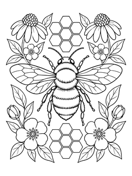 A detailed bee coloring page featuring a fluffy bumblebee surrounded by honeycombs and blooming flowers.