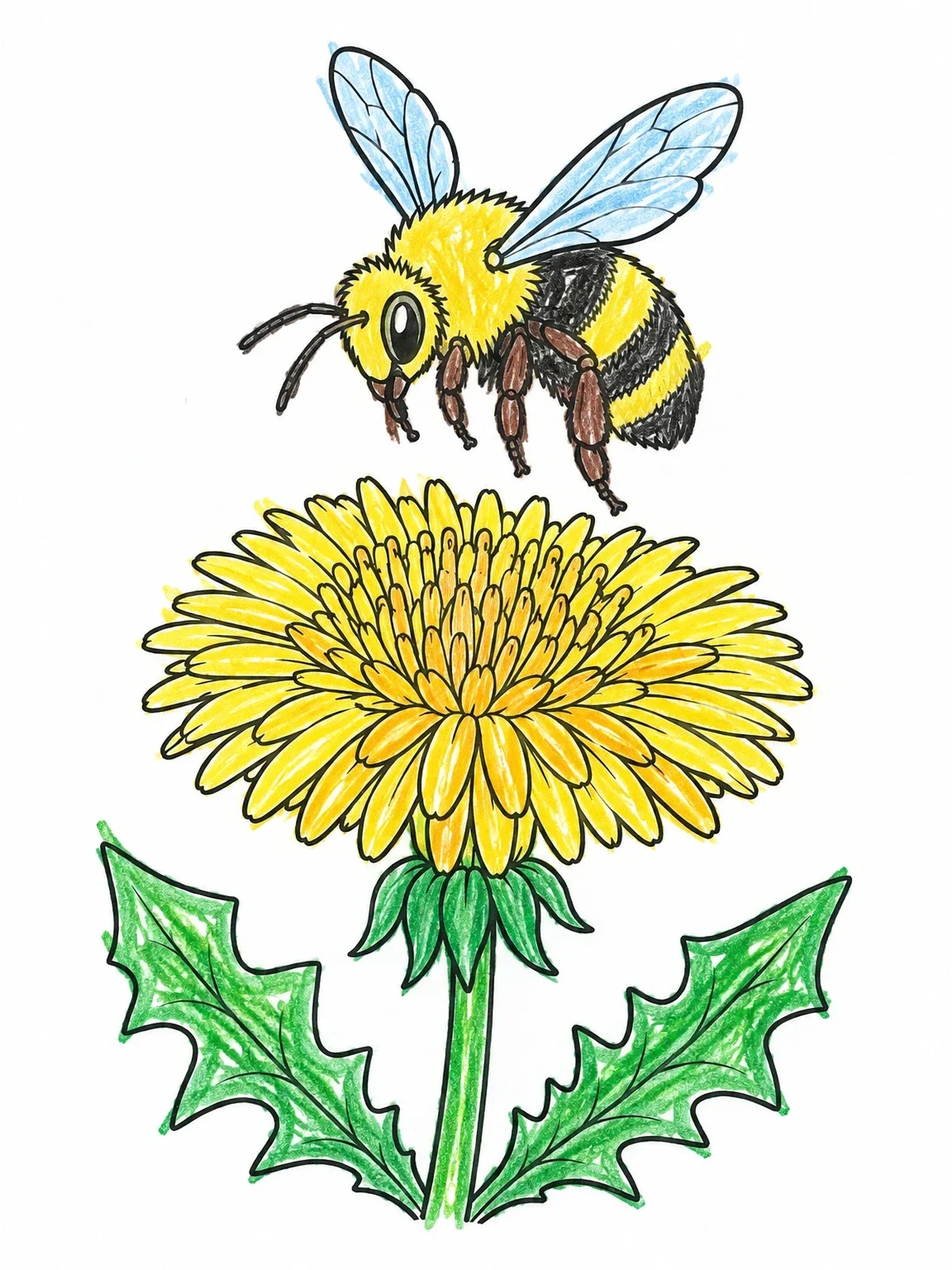 Colored example of the Bumblebee Hovering Over Dandelion Flower coloring page