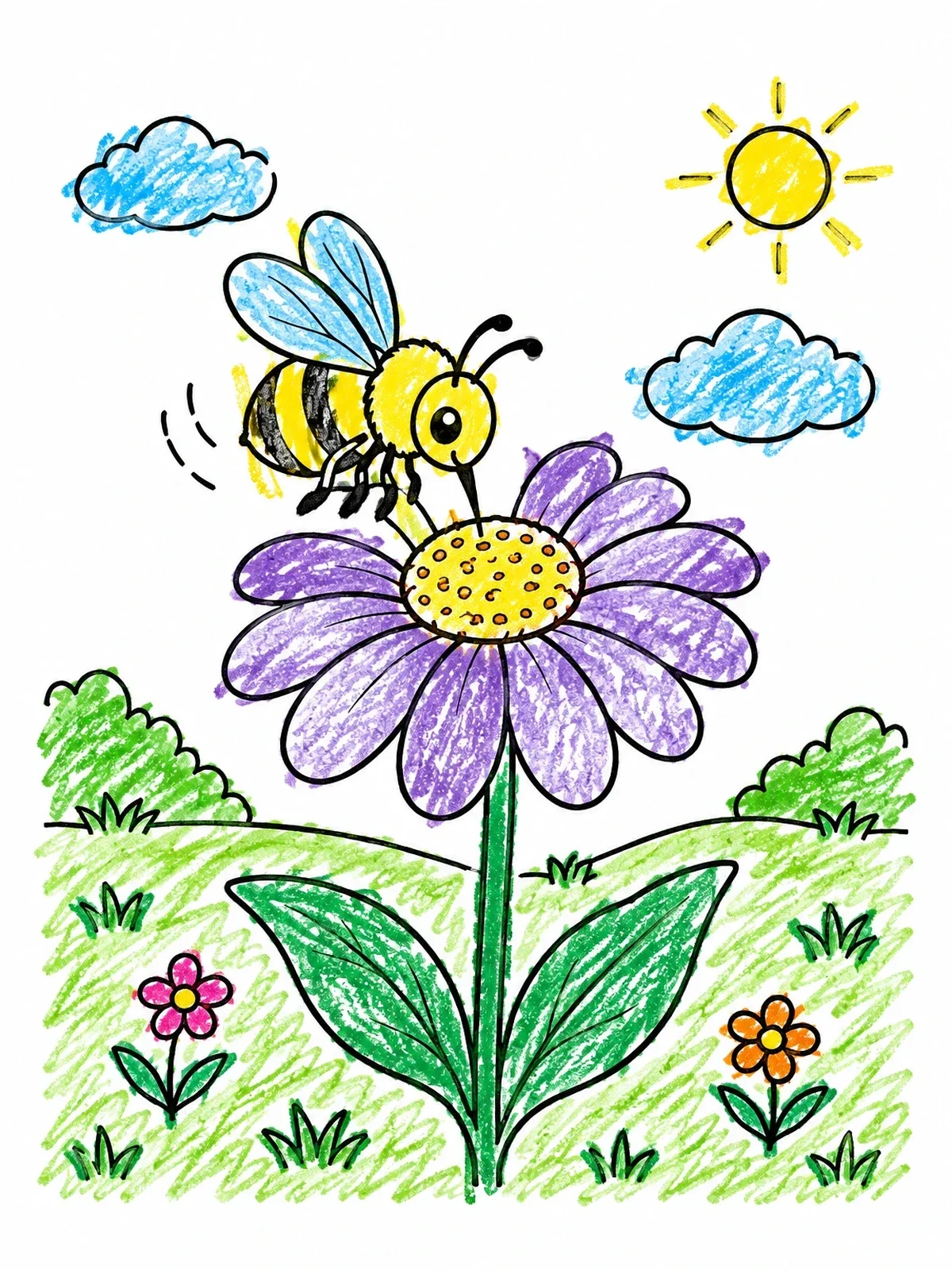 Colored example of the Bumblebee On A Daisy Flower coloring page