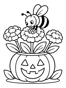 A cute bee visiting blossoms in a carved pumpkin pot on this flower coloring page.