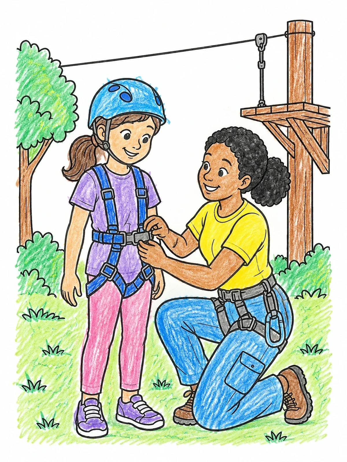 Colored example of the Instructor Helping Girl With Harness coloring page