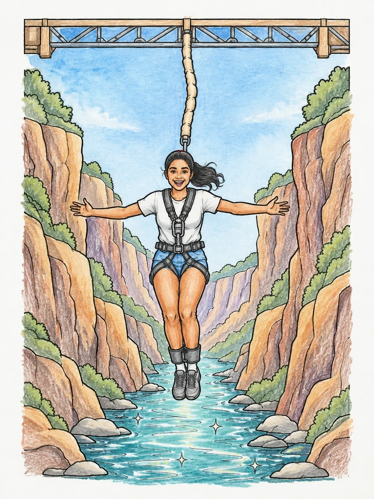 Colored example of the Bungee Jumper Over Canyon River coloring page