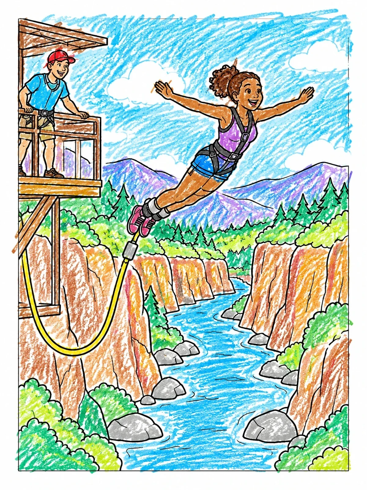 Colored example of the Bungee Jumping Over River Canyon coloring page